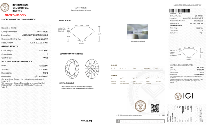 1.02 CT D COLOR VVS1 OVAL CUT MAINMOND Diamond - IGI معتمد