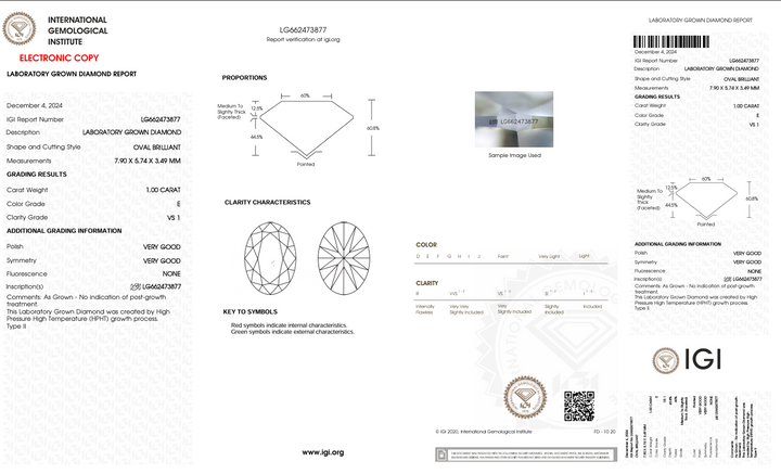 1,0 Karat, ovaler Schliff, Farbe E, VS1, im Labor gezüchteter Diamant – IGI-zertifiziert