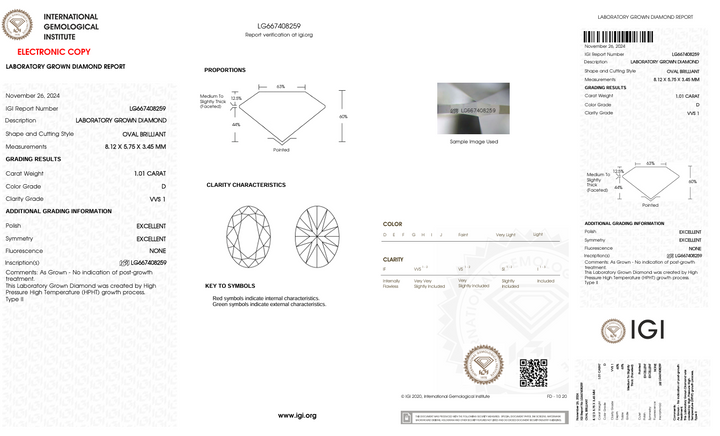 1.01 ct d kleur vvs1 ovaal gesneden lab gekweekte diamant - igi gecertificeerd