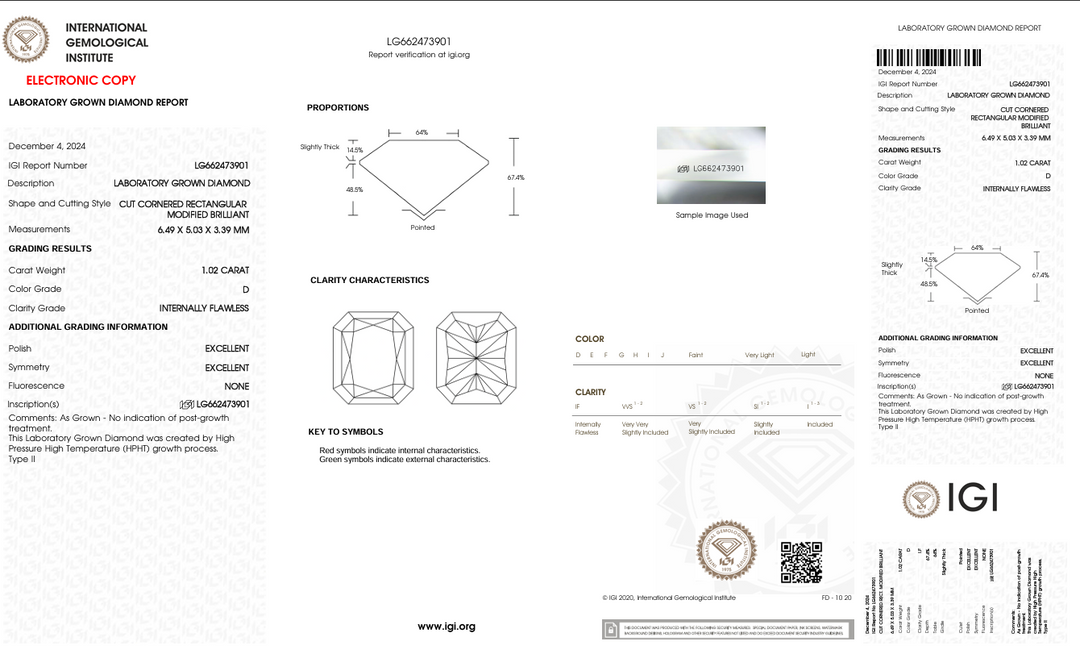 1.02 قيراط D اللون IF قطع راديانت ألماس مزروع في المعمل - معتمد من IGI