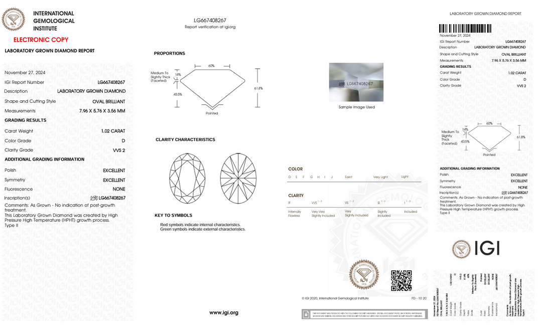 1.02 CT D Farge VVS2 Oval kuttet lab -dyrket diamant - IGI -sertifisert