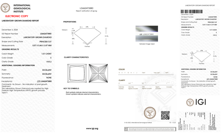 1,01 ct e color vvs2 Принцеса вирізаний лабораторією Діамант - сертифікат IGI
