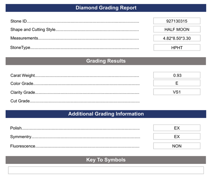 0,93 CT E Färg VS1 Half Moon Cut Lab -odlad diamant - Variation Certified