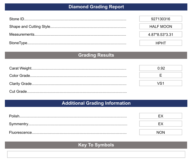 0,92 ct E -Farbe VS1 Halbmond geschnittene Diamant -Variation zertifiziert