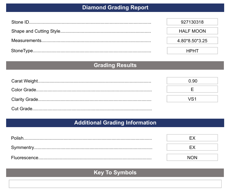 0.9 CT E Color VS1 Half Moon Cut Lab-Group Diamond - تم اعتماد الاختلاف