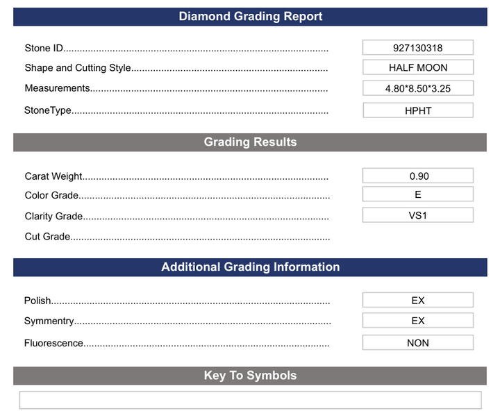 0.9 CT E Color VS1 Half Moon Cut Lab-Group Diamond - تم اعتماد الاختلاف