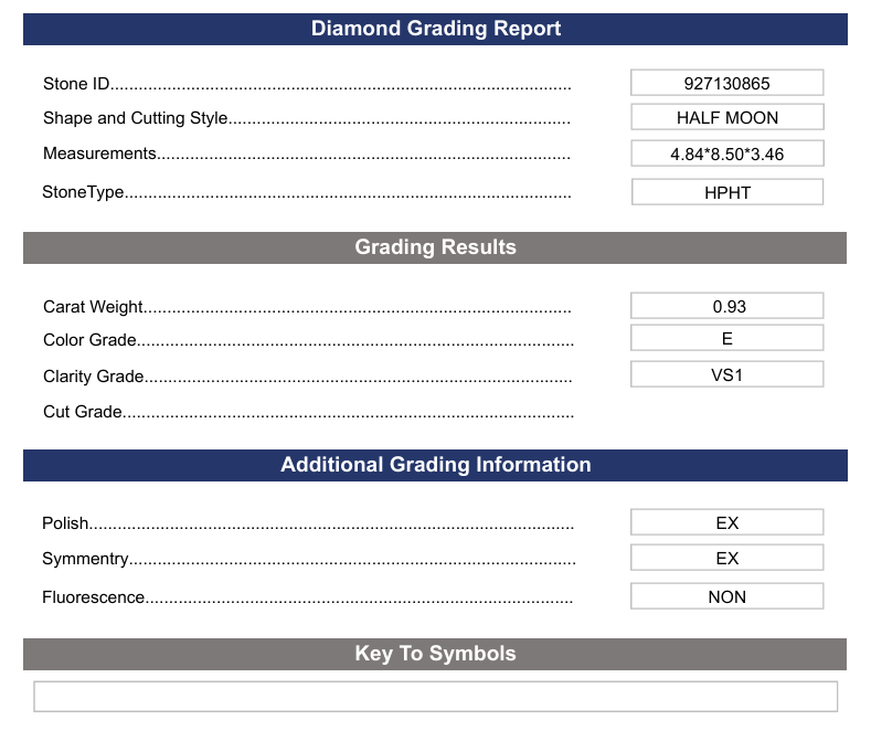 0,93 ct e farge vs1 Half Moon Cut Lab -dyrket diamant - Variasjonssertifisert