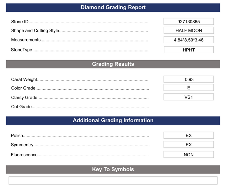 0,93 ct e farge vs1 Half Moon Cut Lab -dyrket diamant - Variasjonssertifisert