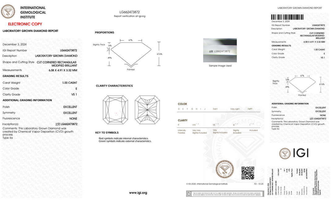 1,0 ct E -Farbe VS1 Radiant Cut Labor DIAMONT - IGI Zertifiziert