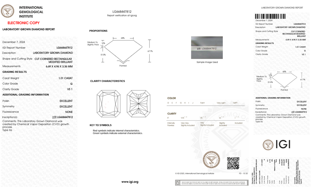 1.01 CT G Warna VS1 RADIANT CUT LAB DIAMOND - CERTIFIKASI IGI