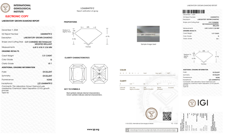 1.01 CT G Color VS1 Radiant Cut Lab-Grown Diamond - IGI Certified