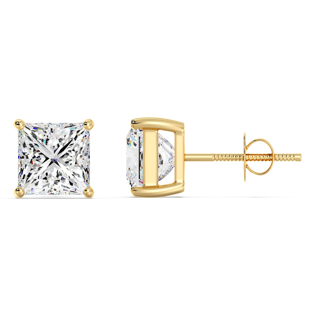Princess cut lab grown diamond stud earrings in yellow gold, 0.20–4.00 CTTW