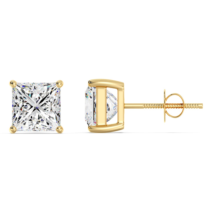 Princess cut lab grown diamond stud earrings in yellow gold, 0.20–4.00 CTTW