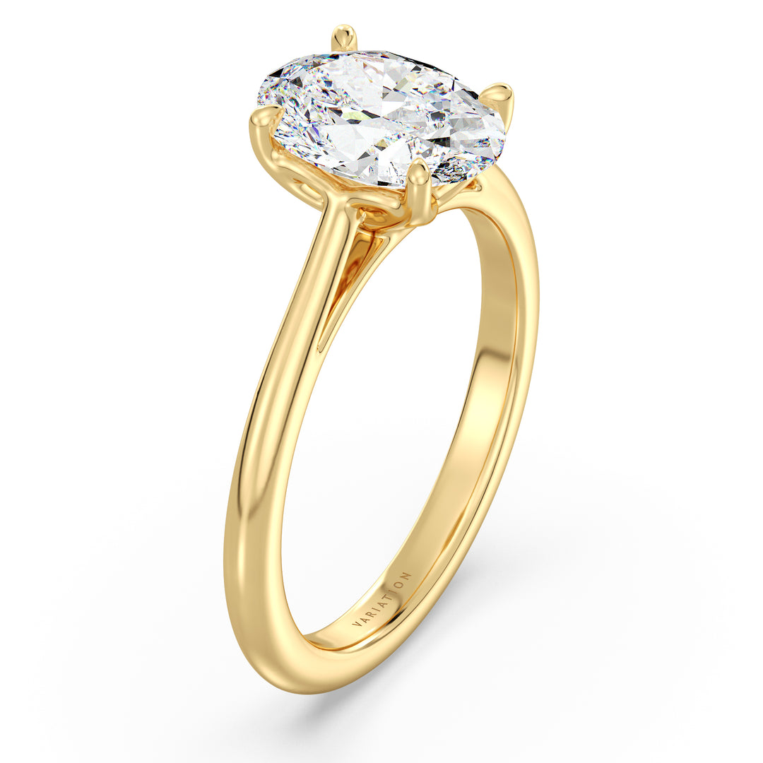 Tidløs oval-skåret lab-dyrket diamantsolitaire-engagementring i 18 k guld med klassisk 4-klov indstilling