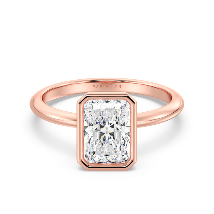 Radiant Cut Lab-Grown Diamond Solitaire Ring in 18K Rose Gold. Features a dazzling radiant cut diamond set in a sleek bezel setting, offering a romantic touch with its soft, pink-toned glow