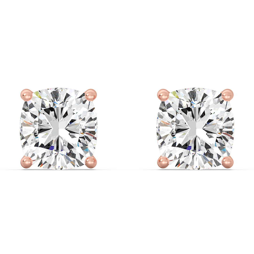 Romantic rose gold cushion cut lab grown diamond stud earrings, IGI certified, 0.20–4.00 CTTW