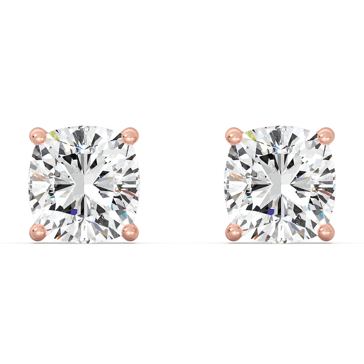 Romantic rose gold cushion cut lab grown diamond stud earrings, IGI certified, 0.20–4.00 CTTW