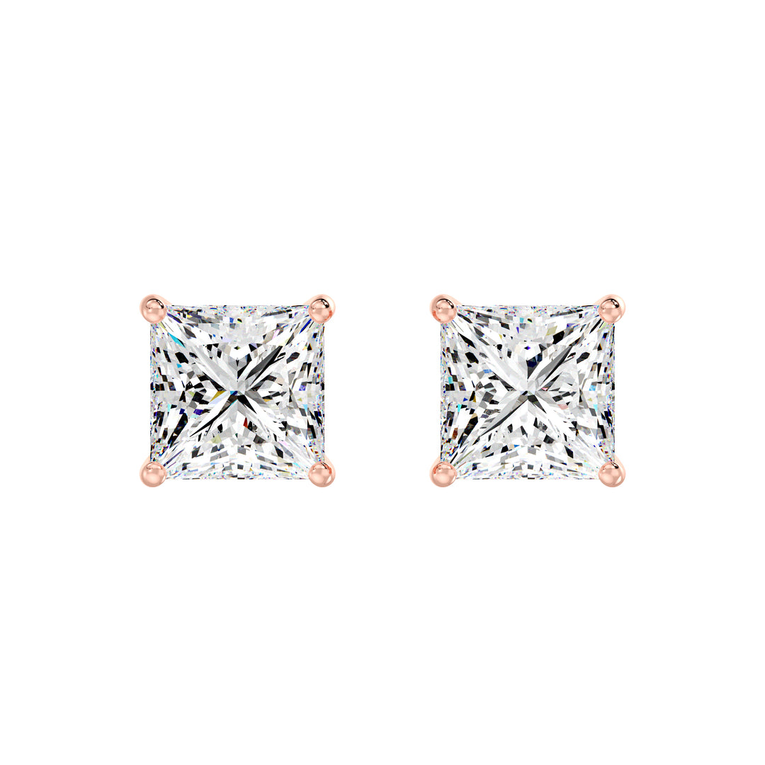 Romantic rose gold princess cut lab grown diamond stud earrings, IGI certified, 0.20–4.00 CTTW