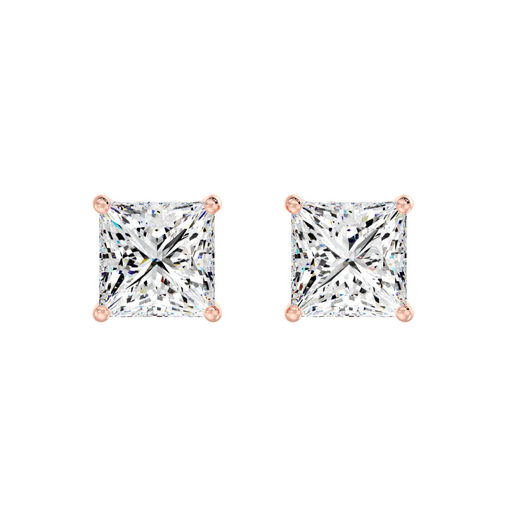 Romantic rose gold princess cut lab grown diamond stud earrings, IGI certified, 0.20–4.00 CTTW