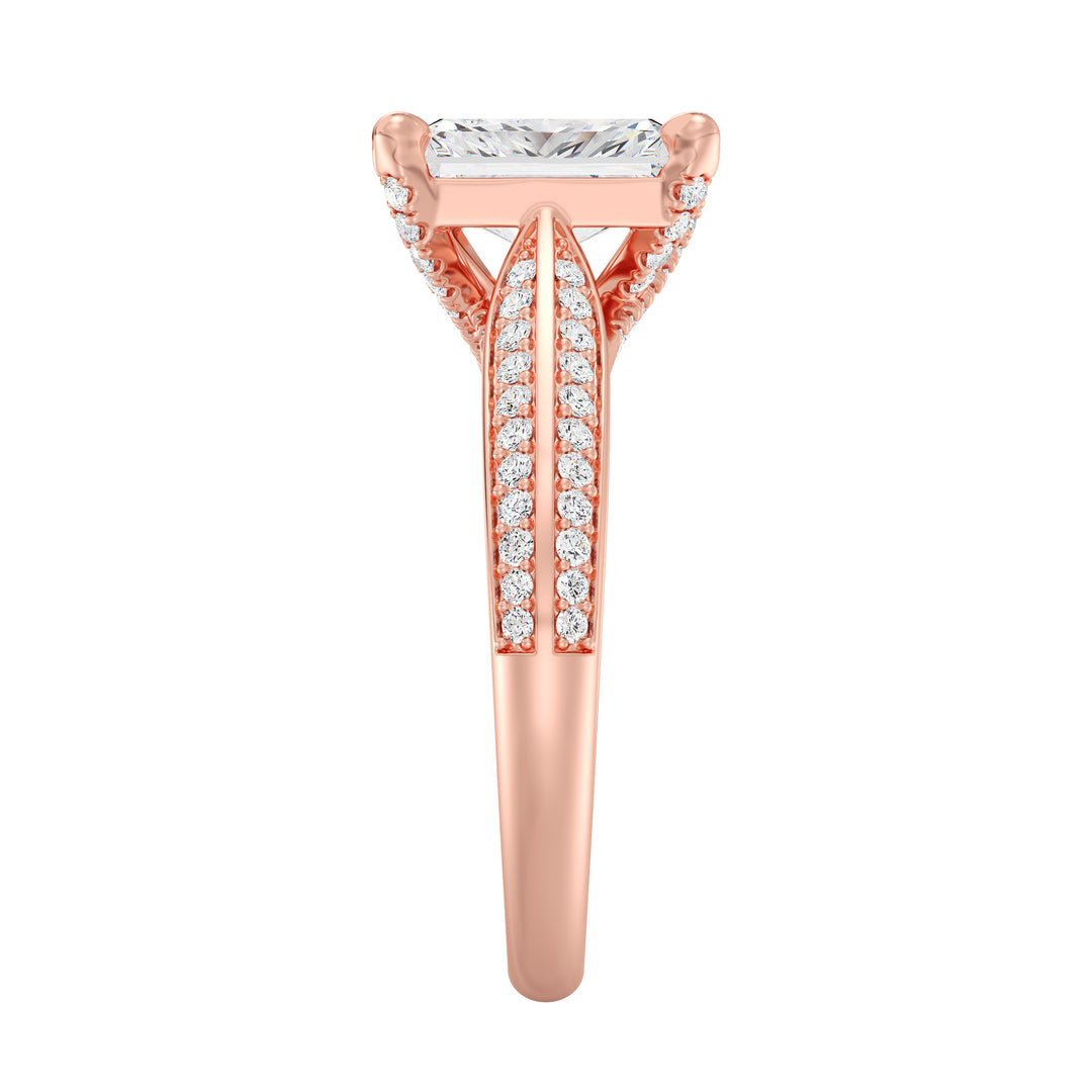 Radiant Cut Lab-Grown Diamond Engagement Ring with Pavé Band in 18K Rose Gold, showcasing a 4-claw setting and 72 round side diamonds.