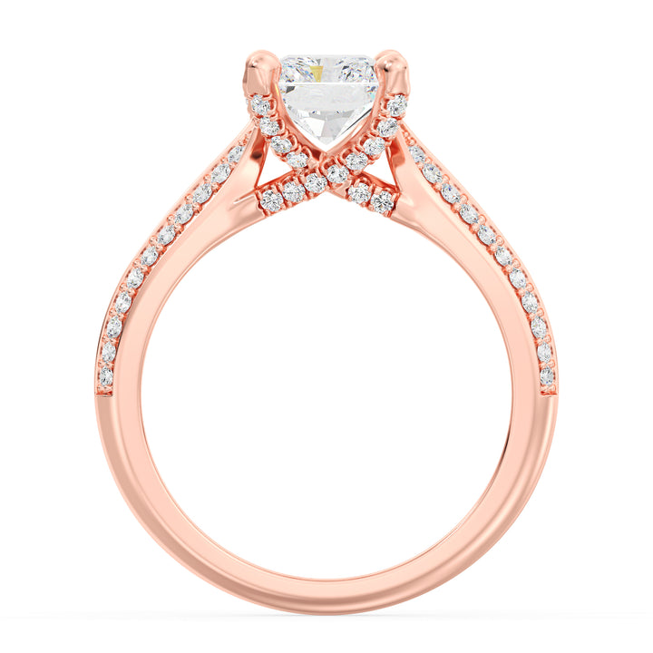 Radiant Cut Lab-Grown Diamond Engagement Ring with Pavé Band in 18K Rose Gold, showcasing a 4-claw setting and 72 round side diamonds.