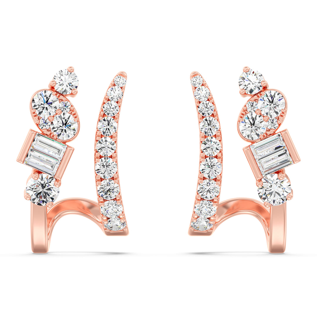 18K Rose Gold Diamond-Studded Hoop Earrings with Round and Baguette Cut Lab-Grown Diamonds