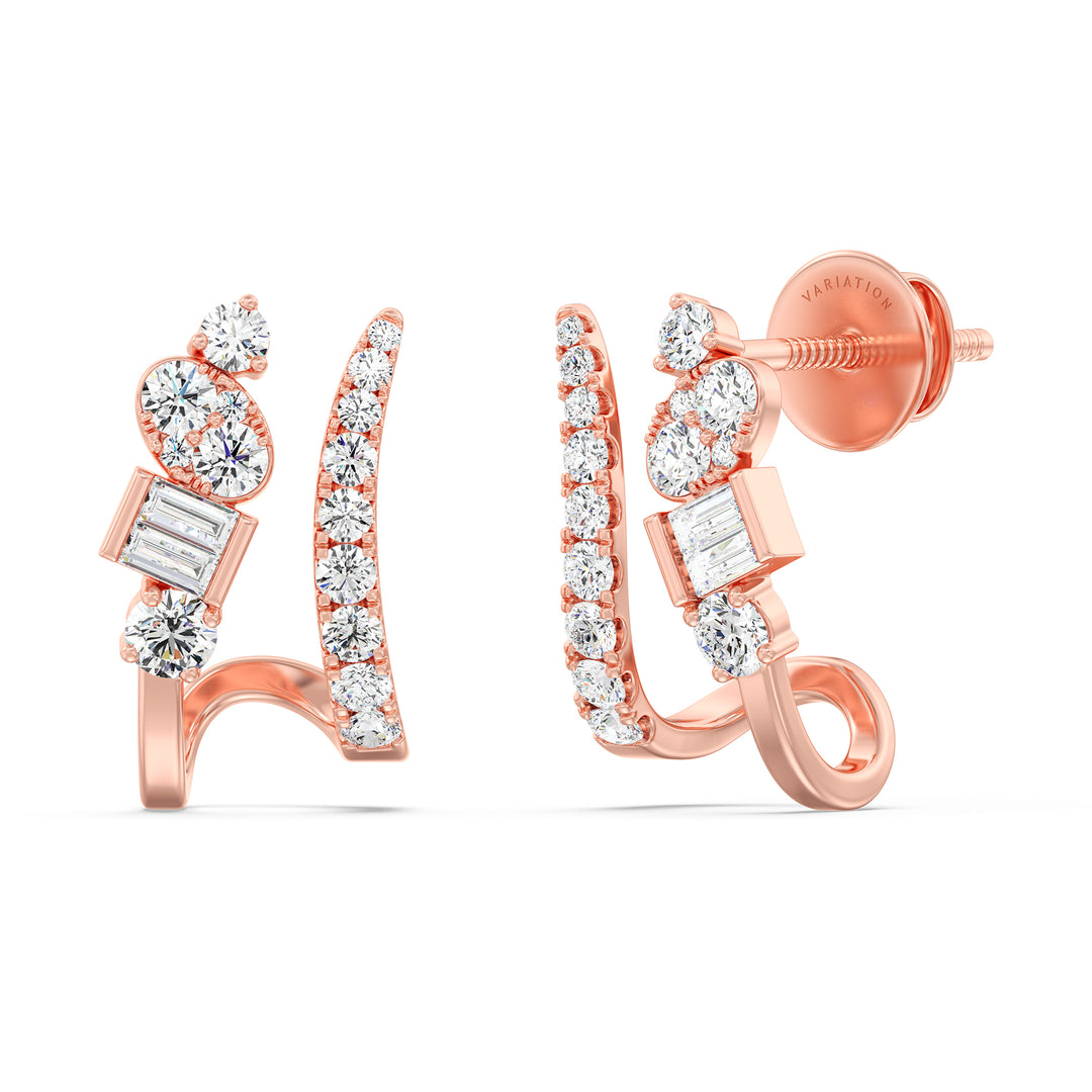 18K Rose Gold Diamond-Studded Hoop Earrings with Round and Baguette Cut Lab-Grown Diamonds