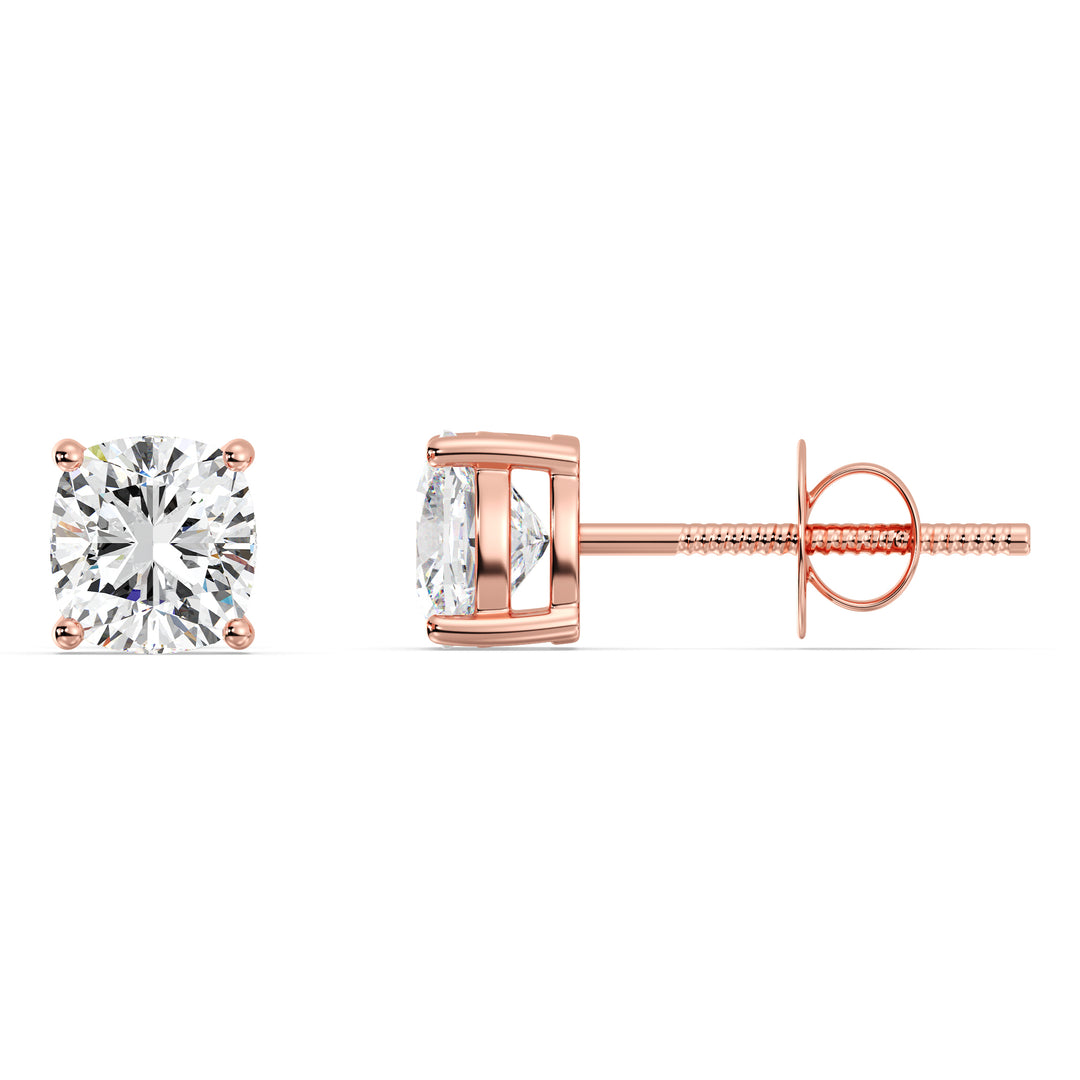 Rose gold cushion cut lab grown diamond stud earrings with soft blush tone, 0.20–4.00 CTTW