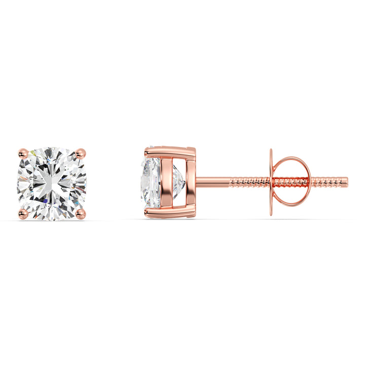 Rose gold cushion cut lab grown diamond stud earrings with soft blush tone, 0.20–4.00 CTTW