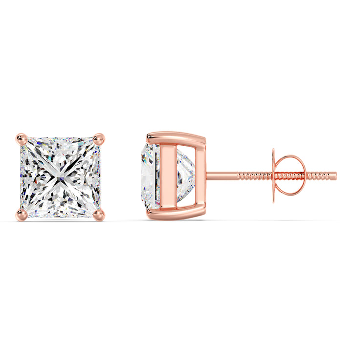 Rose gold princess cut lab grown diamond stud earrings with soft blush tone, 0.20–4.00 CTTW