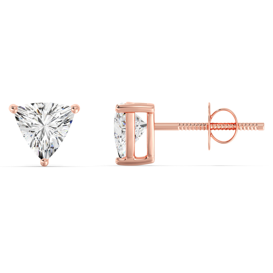 Rose gold trillion cut lab grown diamond stud earrings with soft blush tone, 0.20–4.00 CTTW
