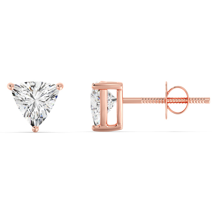 Rose gold trillion cut lab grown diamond stud earrings with soft blush tone, 0.20–4.00 CTTW
