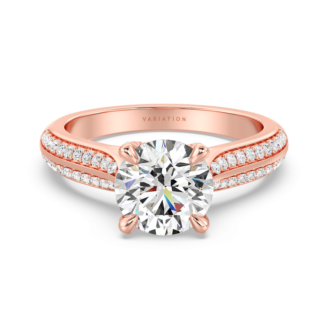 Round-Cut Lab Grown Diamond Engagement Ring with 1ct to 4ct center stone in 18K Rose Gold, featuring a pavé band with 74 round diamonds