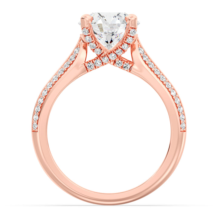 Round-Cut Lab Grown Diamond Engagement Ring with 1ct to 4ct center stone in 18K Rose Gold, featuring a pavé band with 74 round diamonds