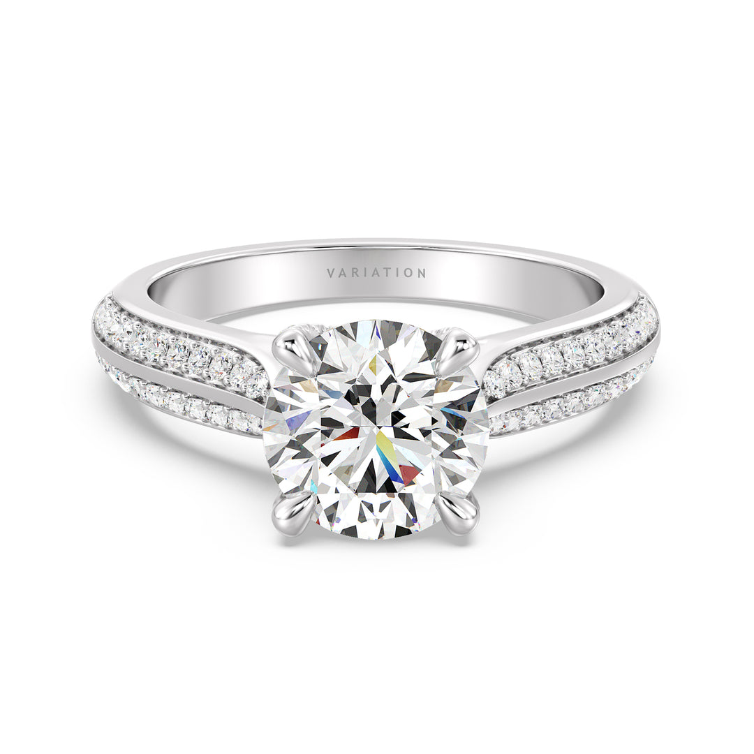 Round-Cut Lab Grown Diamond Engagement Ring with 1ct to 4ct center stone in 18K White Gold, featuring a pavé band with 74 round diamonds