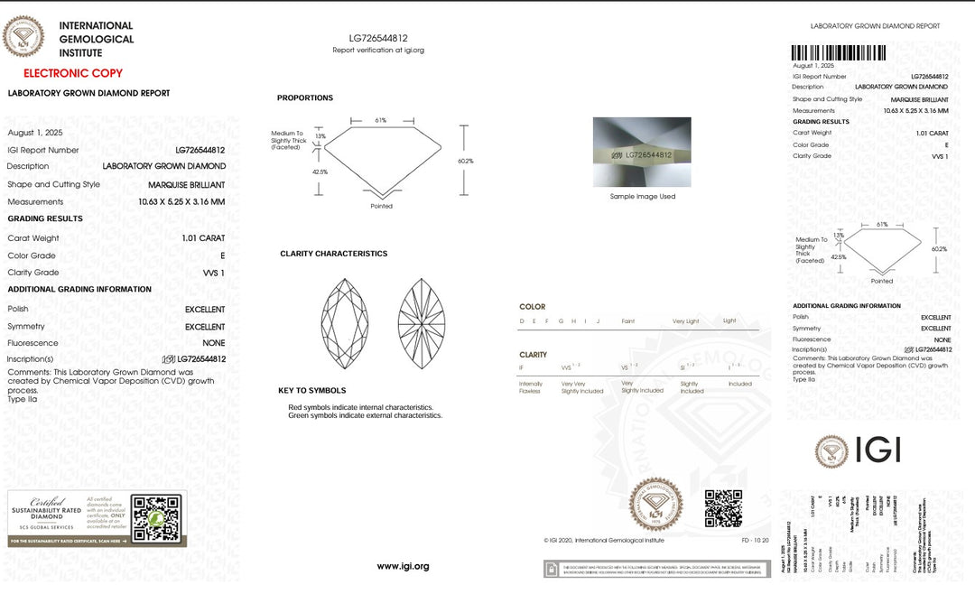 1.01 Carat Marquise Lab Grown Diamond, VVS1/E