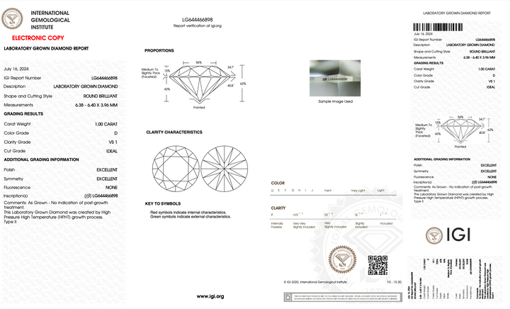 DIAMANT ROND CULTIVÉ EN LABORATOIRE DE 1,00 CT CERTIFIÉ IGI - CLARTÉ VS1, COULEUR D