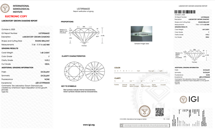 Diamante redondo cultivado em laboratório de 1,40 quilates, VVS2/F