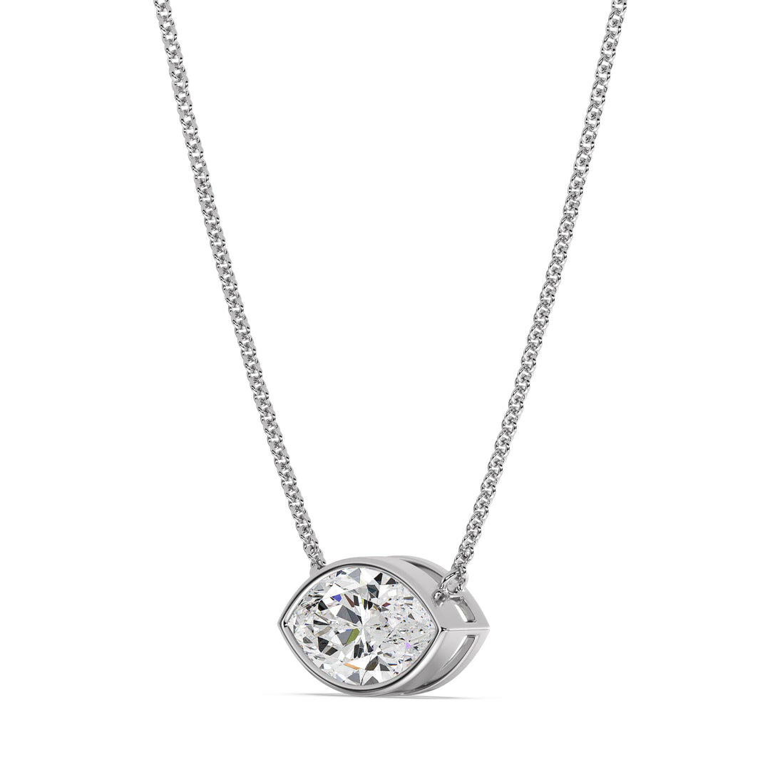 Sophisticated 2 Carat Lab-Grown Marquise-Cut Diamond Bezel-Set Solitaire Pendant Necklace in 18K White Gold, highlighting the dazzling E/VS diamond with a modern bezel setting on a white gold chain.