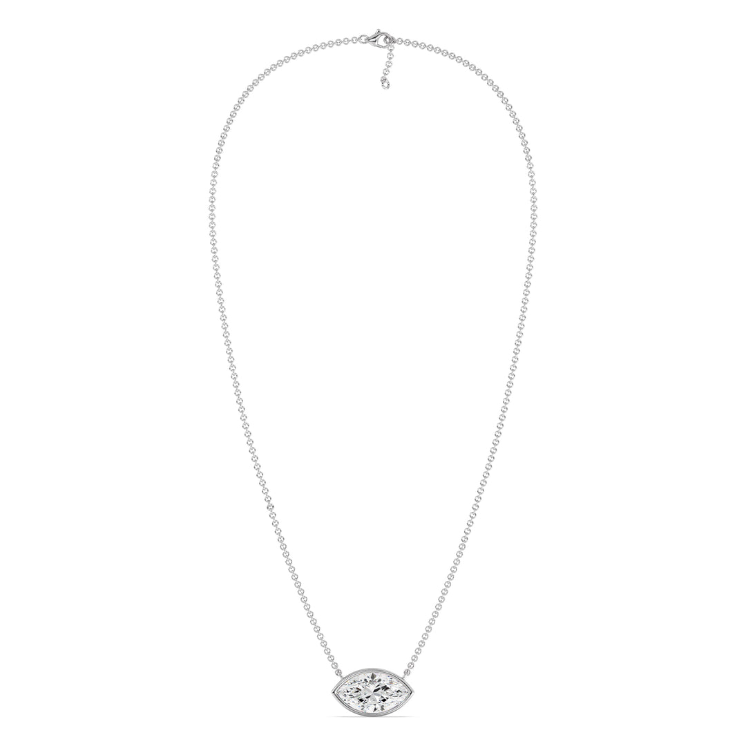 Sophisticated 2 Carat Lab-Grown Marquise-Cut Diamond Bezel-Set Solitaire Pendant Necklace in 18K White Gold, highlighting the dazzling E/VS diamond with a modern bezel setting on a white gold chain.