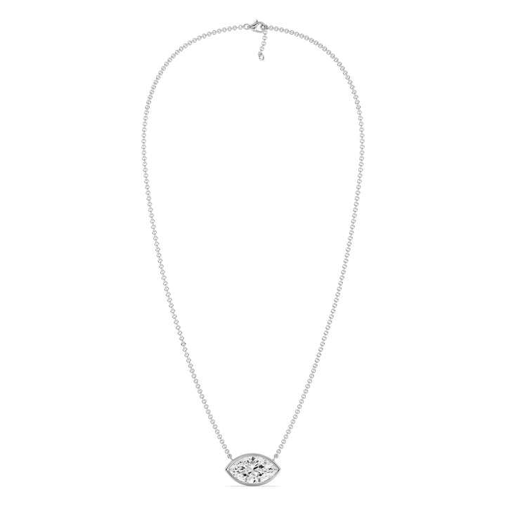 Sophisticated 2 Carat Lab-Grown Marquise-Cut Diamond Bezel-Set Solitaire Pendant Necklace in 18K White Gold, highlighting the dazzling E/VS diamond with a modern bezel setting on a white gold chain.