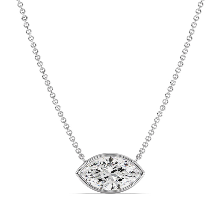 Sophisticated 2 Carat Lab-Grown Marquise-Cut Diamond Bezel-Set Solitaire Pendant Necklace in 18K White Gold, highlighting the dazzling E/VS diamond with a modern bezel setting on a white gold chain.