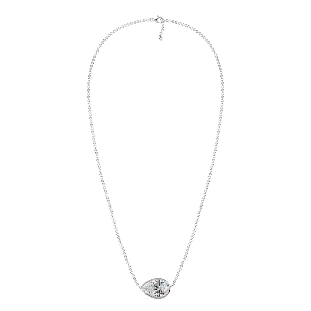 Sophisticated 2 Carat Lab-Grown Pear-Cut Diamond Bezel-Set Solitaire Pendant Necklace in 18K White Gold, highlighting a dazzling E/VS pear-cut diamond with a sleek bezel setting on a white gold chain