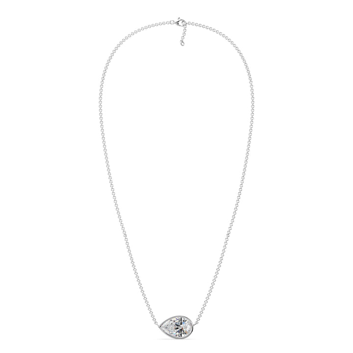 Sophisticated 2 Carat Lab-Grown Pear-Cut Diamond Bezel-Set Solitaire Pendant Necklace in 18K White Gold, highlighting a dazzling E/VS pear-cut diamond with a sleek bezel setting on a white gold chain