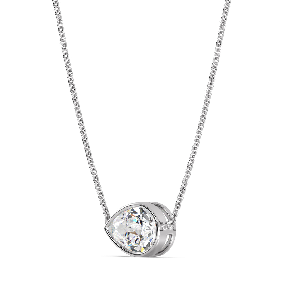 Sophisticated 2 Carat Lab-Grown Pear-Cut Diamond Bezel-Set Solitaire Pendant Necklace in 18K White Gold, highlighting a dazzling E/VS pear-cut diamond with a sleek bezel setting on a white gold chain