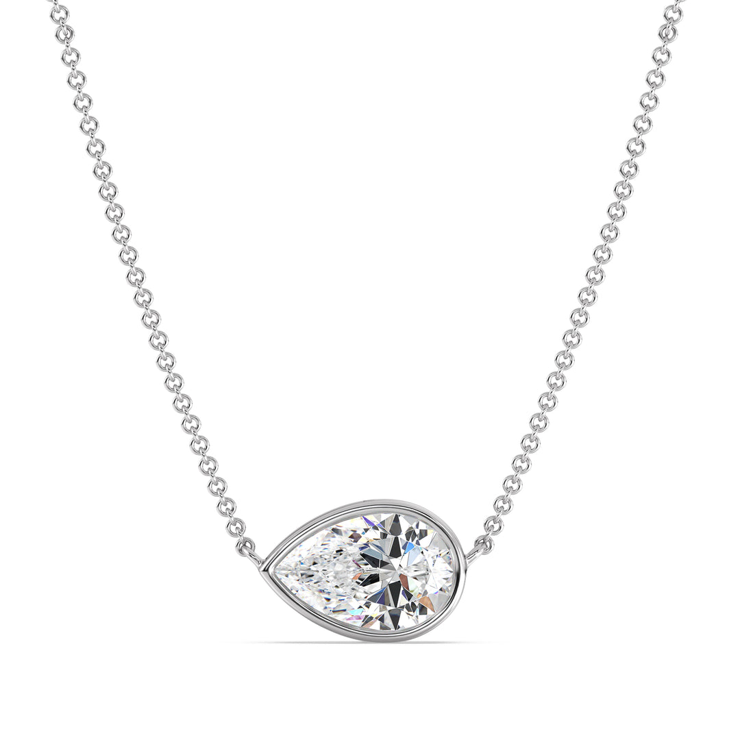 Sophisticated 2 Carat Lab-Grown Pear-Cut Diamond Bezel-Set Solitaire Pendant Necklace in 18K White Gold, highlighting a dazzling E/VS pear-cut diamond with a sleek bezel setting on a white gold chain