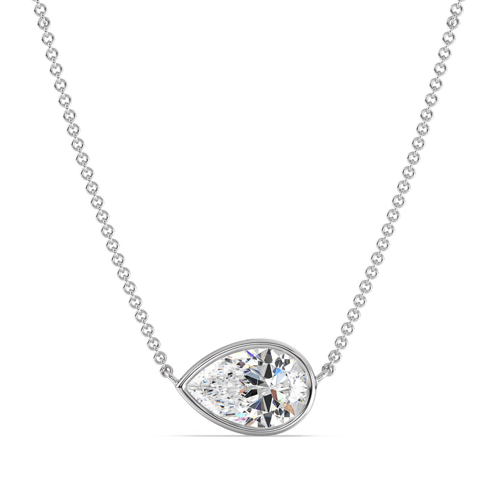 Sophisticated 2 Carat Lab-Grown Pear-Cut Diamond Bezel-Set Solitaire Pendant Necklace in 18K White Gold, highlighting a dazzling E/VS pear-cut diamond with a sleek bezel setting on a white gold chain