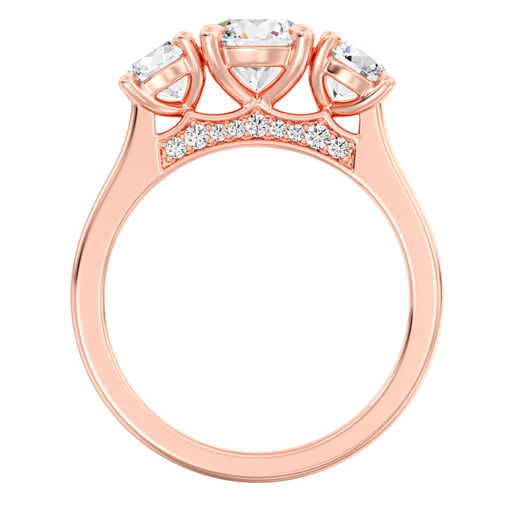 Three-Stone Round Cut Lab-Grown Diamond Engagement Ring in Rose Gold with Claw Setting, featuring a 1ct center diamond and two 0.50ct side diamonds, accented with pave diamonds