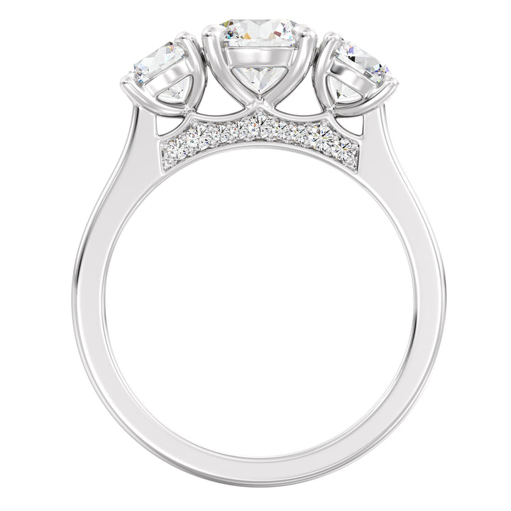 Three-Stone Round Cut Lab-Grown Diamond Engagement Ring in White Gold with Claw Setting, featuring a 1ct center diamond and two 0.50ct side diamonds, accented with pave diamonds