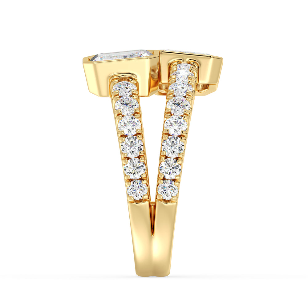 Toi et Moi Emerald-Cut Lab-Grown Diamond Ring in 18K Yellow Gold featuring two bezel-set emerald-cut diamonds and a split shank pavé-set with round diamonds